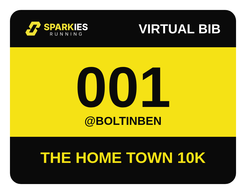 A Sparkies virtual race bib, number 001
